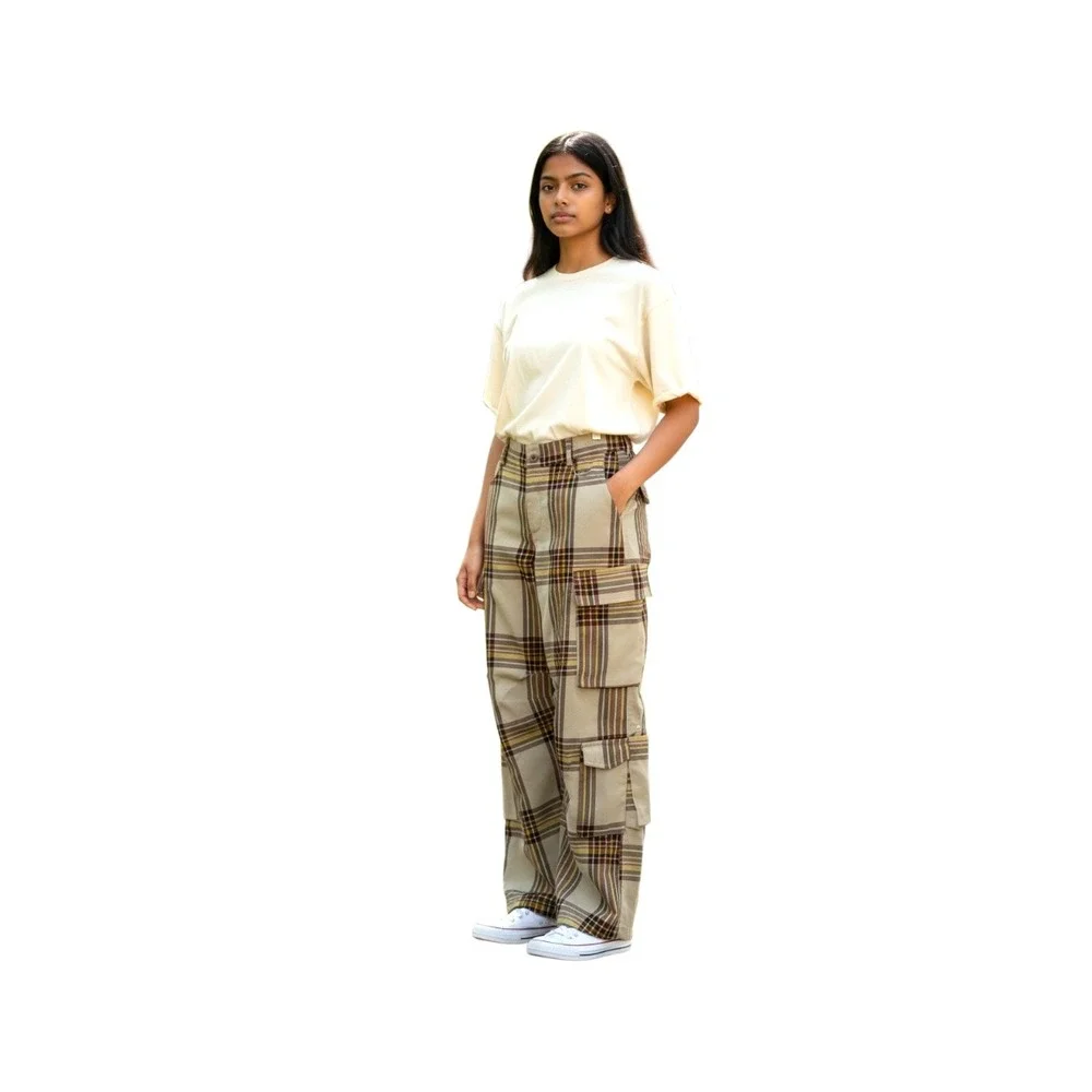 Urban Outfitters Plaid Cargo Pants Beige Yellow Burgundy Women's Size Small - Picture 1 of 8